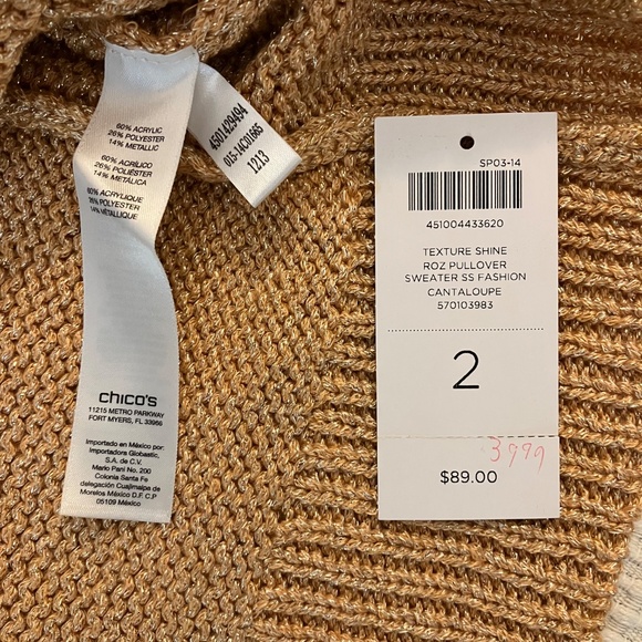 Chico's Size 2 Womens Texture Shine Short Sleeve Pullover Sweater Cantaloupe Roz - Picture 5 of 7